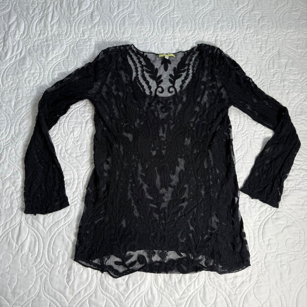 Gianni Bini Black Sheer Mesh Floral Lace Long Sleeve Scoop Neck Blouse XS EUC